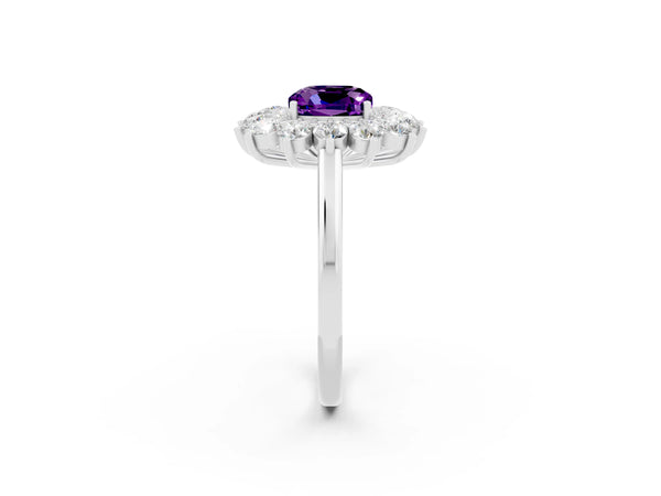 Platinum Cushion Cut Amethyst Floral Double Halo Engagement Ring with Prong Setting
