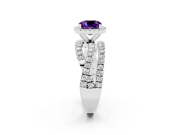 Platinum Cushion Cut Amethyst Halo Engagement Ring with Twisted Pave Split Shank