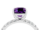 Platinum Cushion Cut Amethyst Pavé Solitaire Ring with Round Band and Prong Setting_46