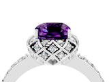 Platinum Cushion Cut Amethyst Scalloped Halo Engagement Ring with Round Shared Prong Band_82