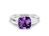 Platinum Cushion Cut Amethyst Solitaire Engagement Ring with Cathedral Setting and Four-Prong Mount