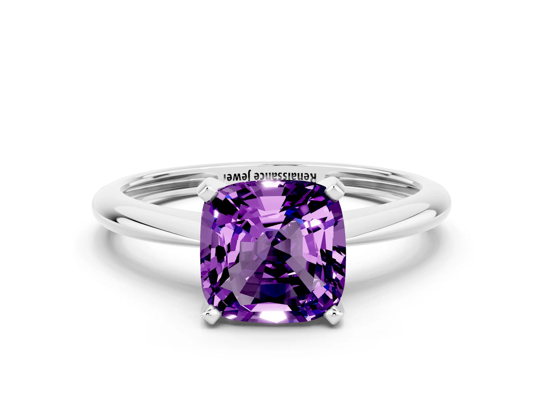 Platinum Cushion Cut Amethyst Solitaire Engagement Ring with Classic Band and Four-Prong Setting_12