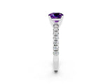 Platinum Cushion Cut Amethyst Solitaire Pavé Engagement Ring with Round Band and Prong Setting_118