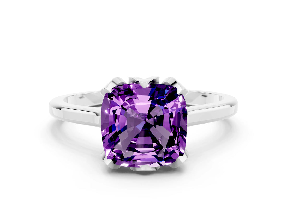 Platinum Cushion Cut Amethyst Solitaire Ring with Flower Prong Setting and Classic Band