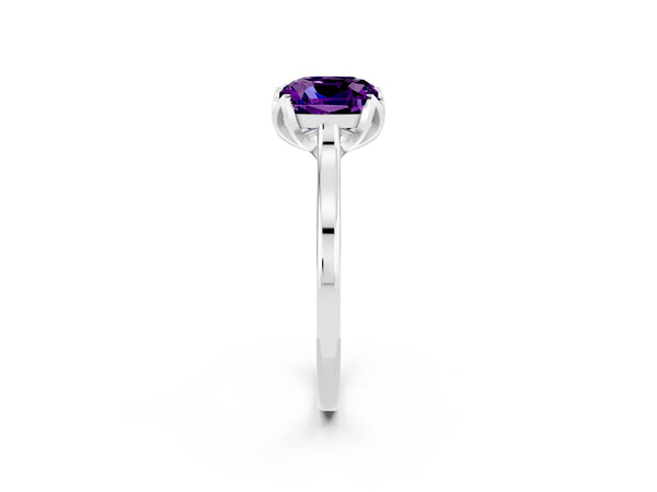 Platinum Cushion Cut Amethyst Floral Solitaire Engagement Ring with Flower Prong Head and Plain Band