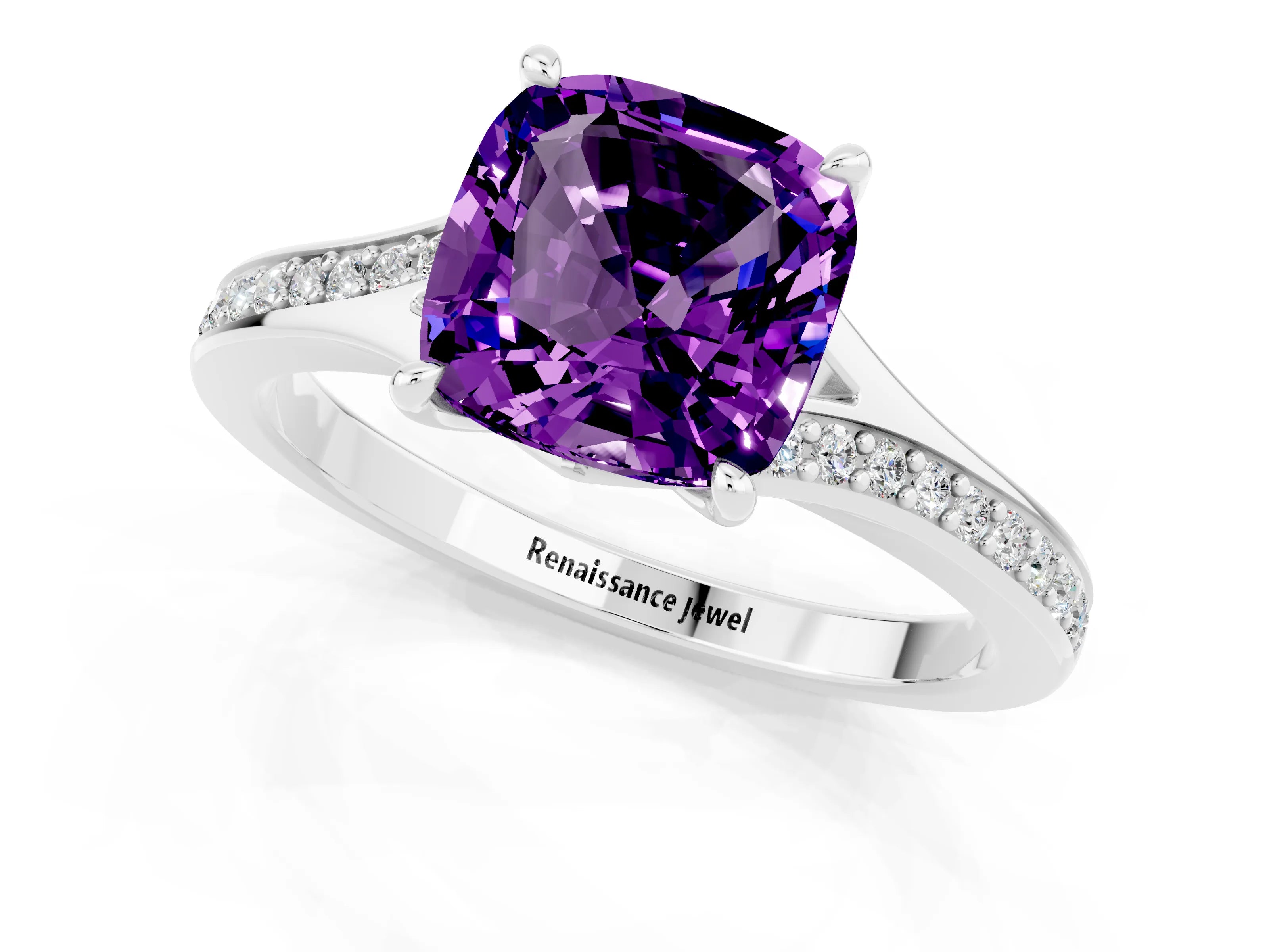 Platinum Cushion Cut Amethyst Solitaire Ring with Pavé Band and Prong Setting_13