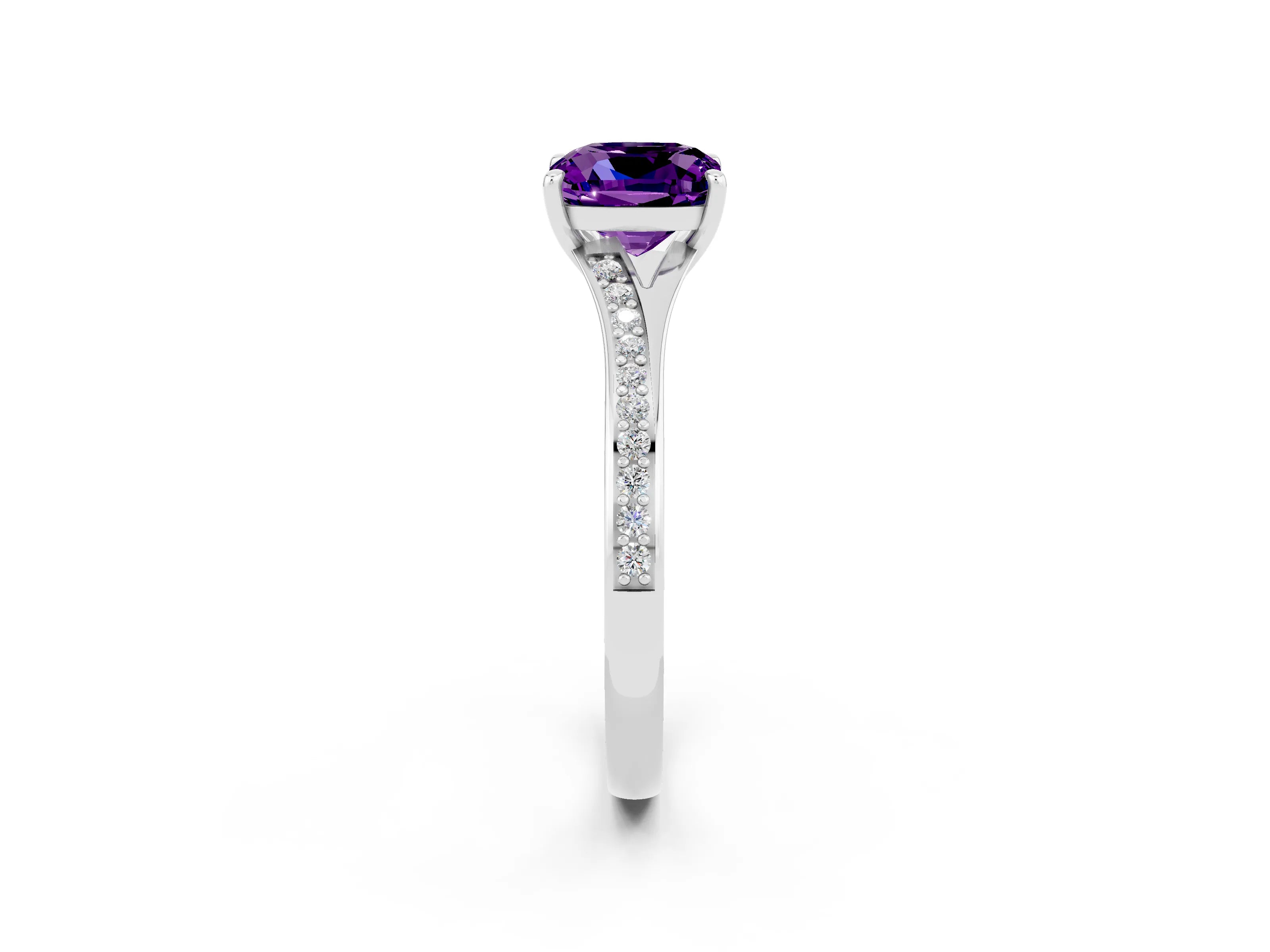 Platinum Cushion Cut Amethyst Solitaire Ring with Pavé Band and Prong Setting_14