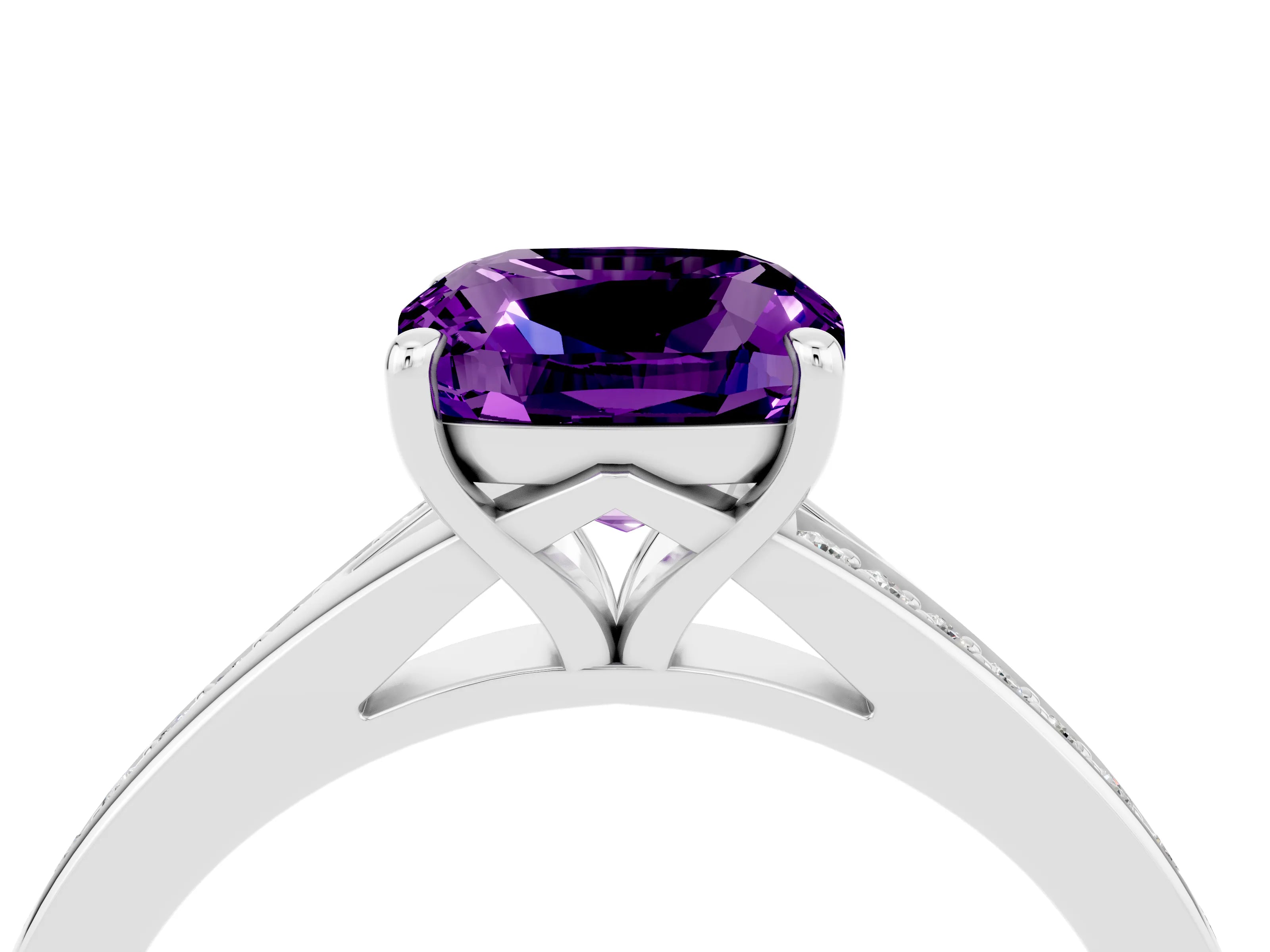 Platinum Cushion Cut Amethyst Solitaire Ring with Pavé Band and Prong Setting_16