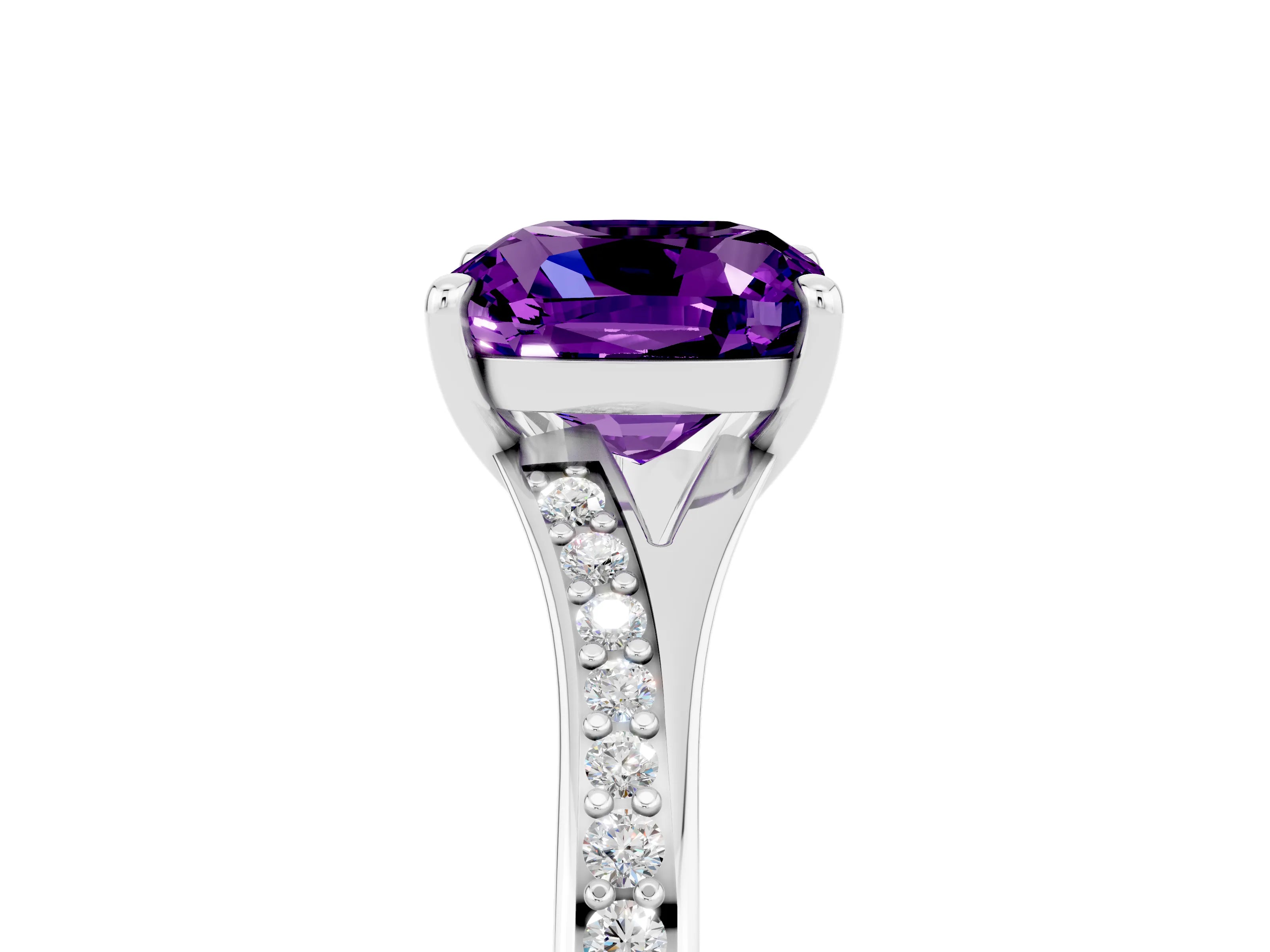 Platinum Cushion Cut Amethyst Solitaire Ring with Pavé Band and Prong Setting_17