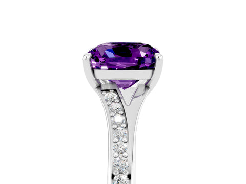 Platinum Cushion Cut Amethyst Solitaire Ring with Pavé Band and Prong Setting_17