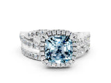 Platinum Cushion Cut Aquamarine Halo Ring with Round Split Shank and Prong Setting_66