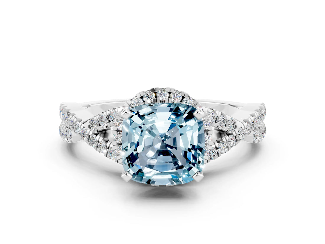 Platinum Cushion Cut Aquamarine  Halo Twist Band Solitaire Prong Setting Ring_12