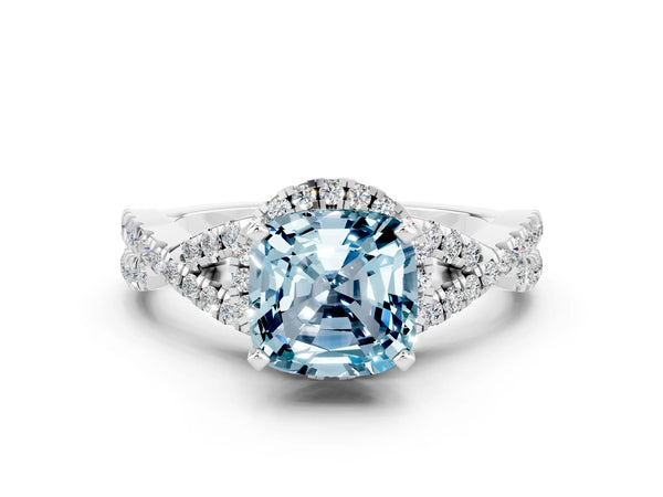 Platinum Cushion Cut Aquamarine  Halo Twist Band Solitaire Prong Setting Ring