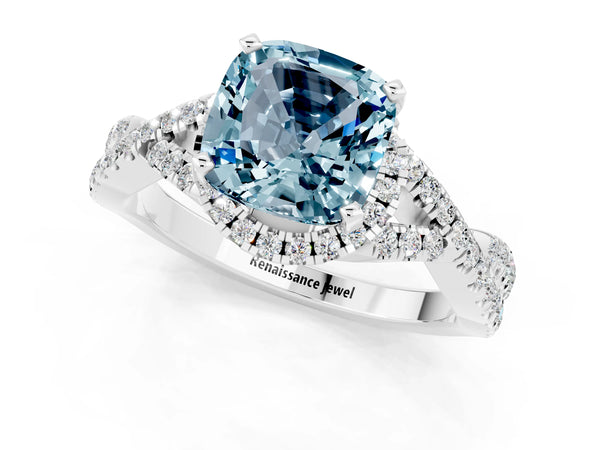 Platinum Cushion Cut Aquamarine  Halo Twist Band Solitaire Prong Setting Ring