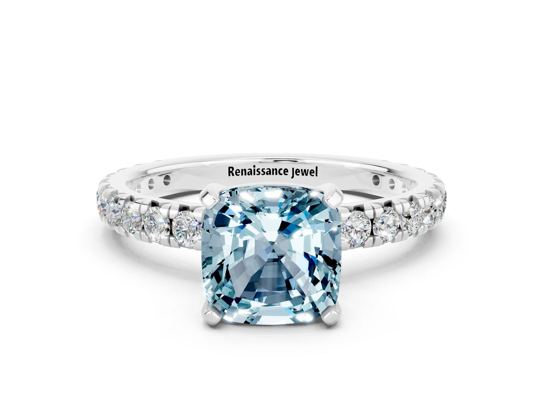 Platinum Cushion Cut Aquamarine Pavé Solitaire Ring with Round Band and Prong Setting_42
