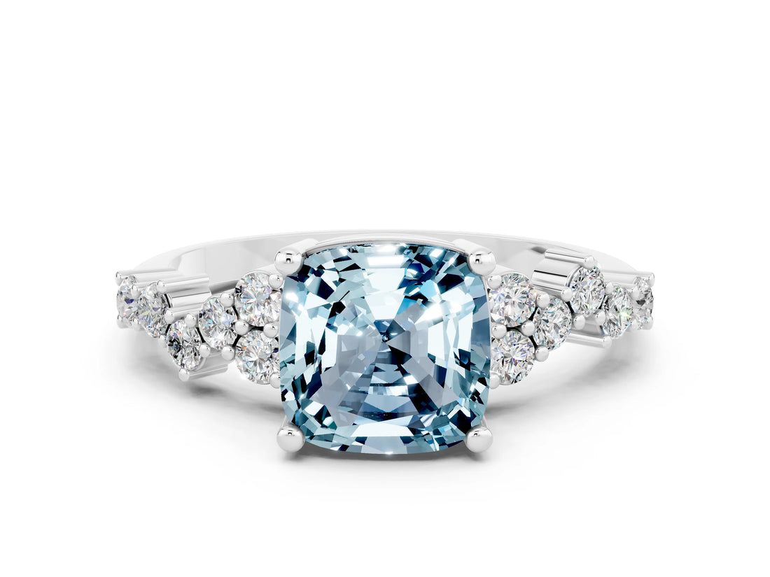 Platinum Cushion Cut Aquamarine Scattered Round Accent Ring with Prong Setting_48
