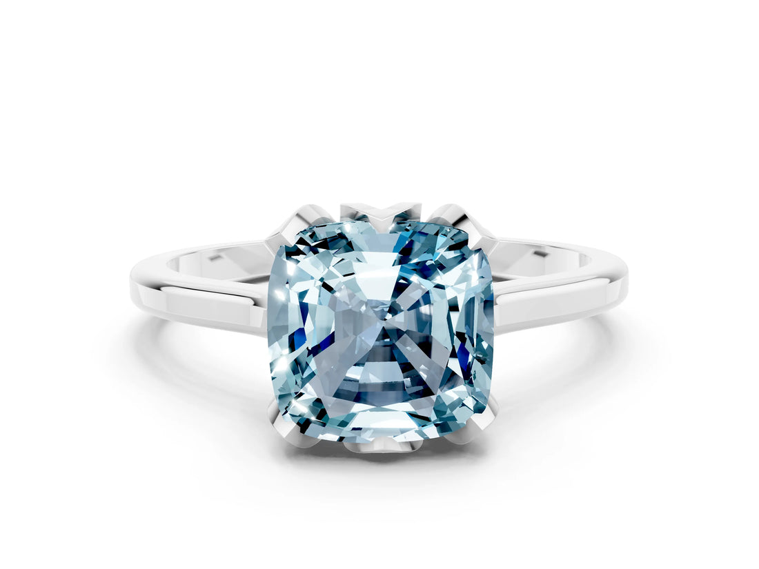 Platinum Cushion Cut Aquamarine Solitaire Ring with Flower Prong Setting and Classic Band