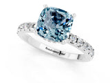 Platinum Cushion Cut Aquamarine Solitaire Ring with Round  Pavé Band and Four-Prong Setting_37