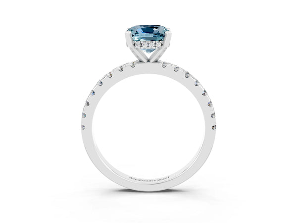 Platinum Cushion Cut Aquamarine Solitaire Ring with Round Pavé Band and Four-Prong Setting