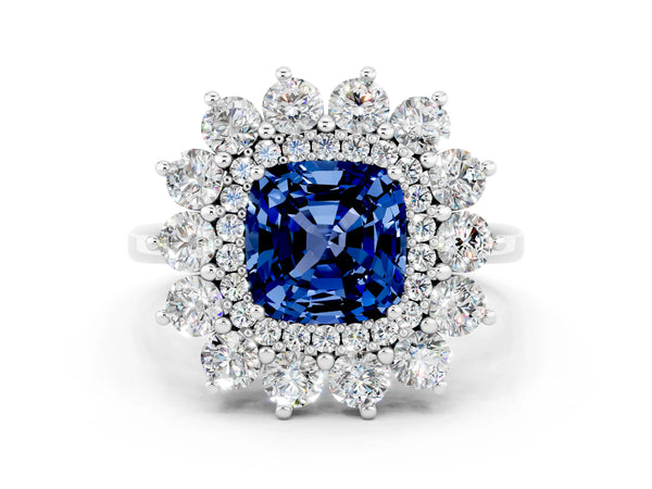 Platinum Cushion Cut Blue Sapphire Floral Double Halo Engagement Ring with Prong Setting