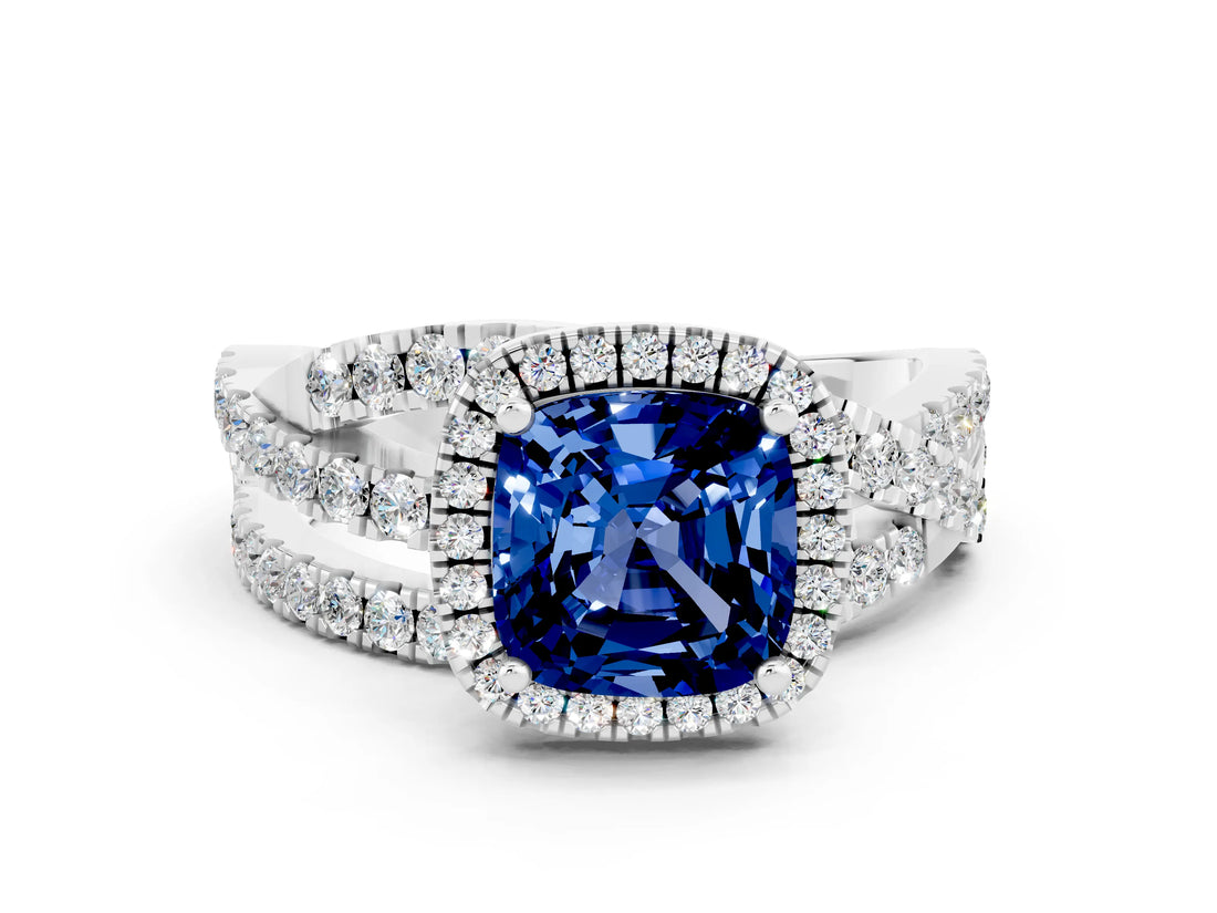 Platinum Cushion Cut Blue Sapphire Halo Ring with Round Split Shank and Prong Setting_66