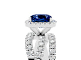 Platinum Cushion Cut Blue Sapphire Halo Ring with Round Split Shank and Prong Setting_71