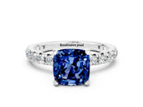 Platinum Cushion Cut Blue Sapphire Pavé Solitaire Ring with Round Band and Prong Setting_42