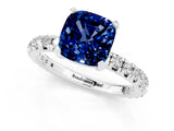 Platinum Cushion Cut Blue Sapphire Pavé Solitaire Ring with Round Band and Prong Setting_43