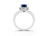 Platinum Cushion Cut Blue Sapphire Scalloped Halo Engagement Ring with Round Shared Prong Band_81