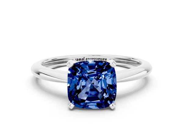 Platinum Cushion Cut Blue Sapphire Solitaire Engagement Ring with Classic Band and Four-Prong Setting