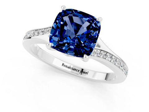 Platinum Cushion Cut Blue Sapphire Solitaire Ring with Pavé Band and Prong Setting_13