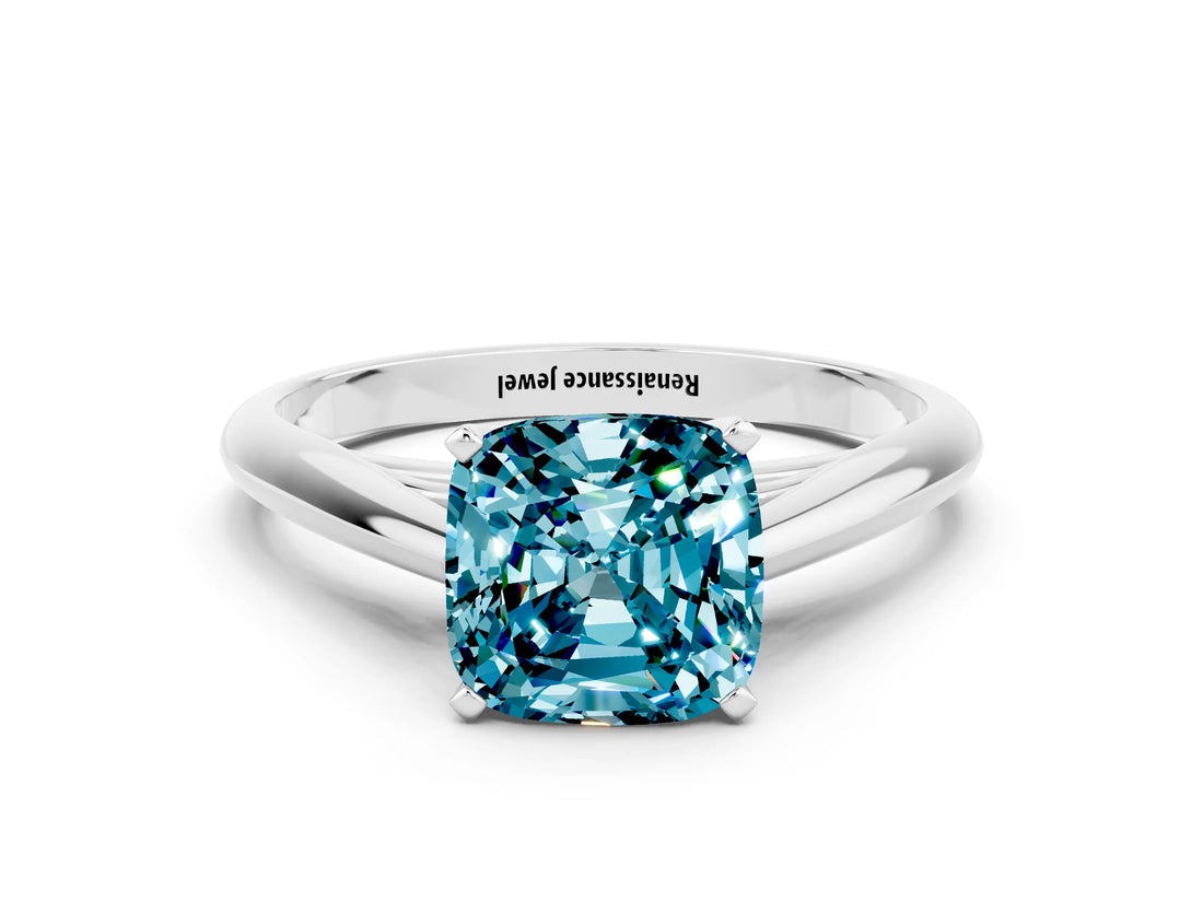 Platinum Cushion Cut Blue Topaz Solitaire Engagement Ring with Cathedral Setting and Four-Prong Mount_12