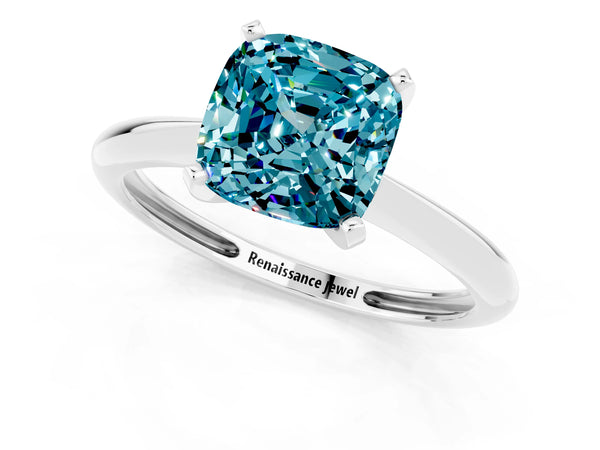 Platinum Cushion Cut Blue Topaz Solitaire Engagement Ring with Classic Band and Four-Prong Setting