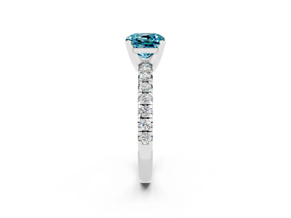 Platinum Cushion Cut Blue Topaz Solitaire Pavé Engagement Ring with Round Band and Prong Setting