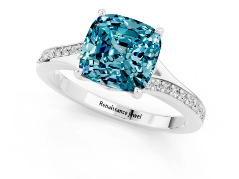 Platinum Cushion Cut Blue Topaz Solitaire Ring with Pavé Band and Prong Setting_13