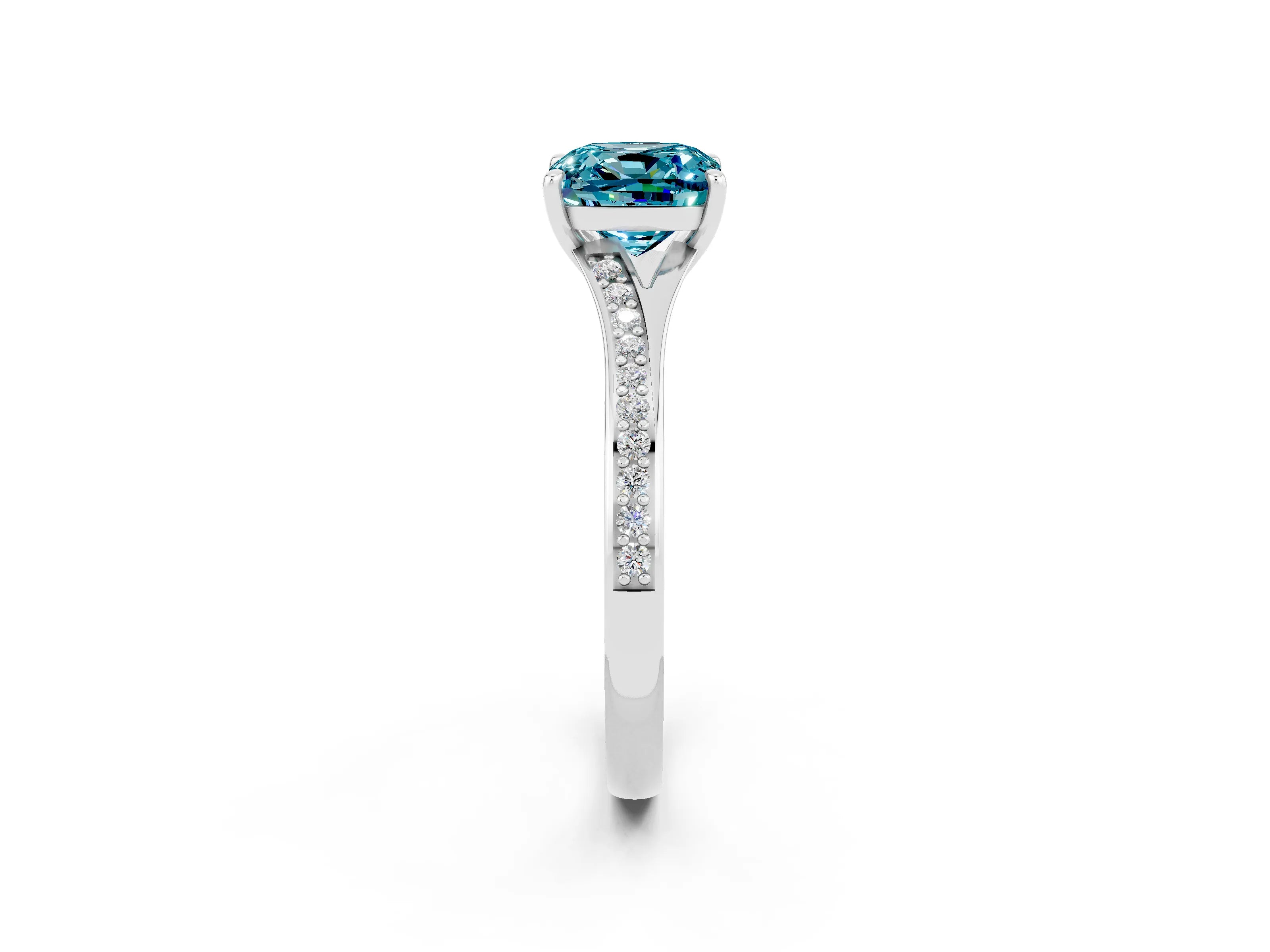 Platinum Cushion Cut Blue Topaz Solitaire Ring with Pavé Band and Prong Setting_14