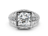 Platinum Cushion Cut Brilliant Milgrain Filigree Diamond Ring with Square Prong Setting_13