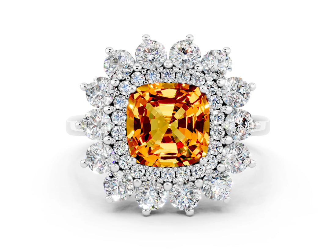 Platinum Cushion Cut Citrine Floral Double Halo Engagement Ring with Prong Setting_120