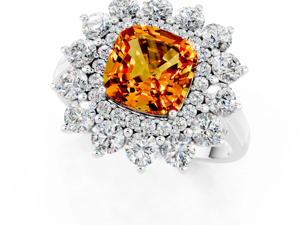 Platinum Cushion Cut Citrine Floral Double Halo Engagement Ring with Prong Setting