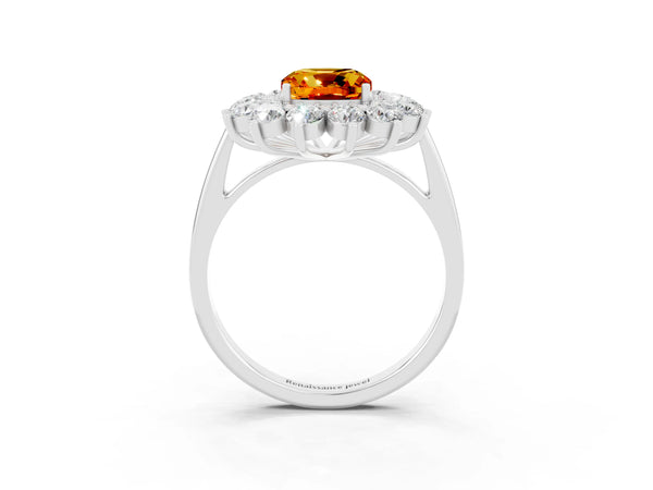 Platinum Cushion Cut Citrine Floral Double Halo Engagement Ring with Prong Setting