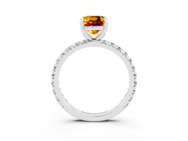 Platinum Cushion Cut Citrine Pavé Solitaire Ring with Round Band and Prong Setting