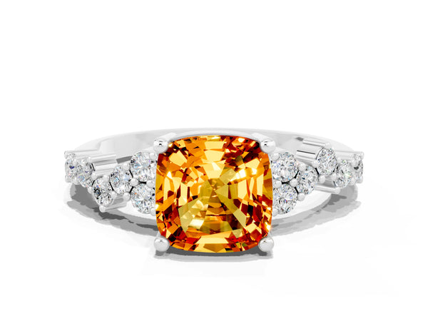 Platinum Cushion Cut Citrine Scattered Round Accent Ring with Prong Setting