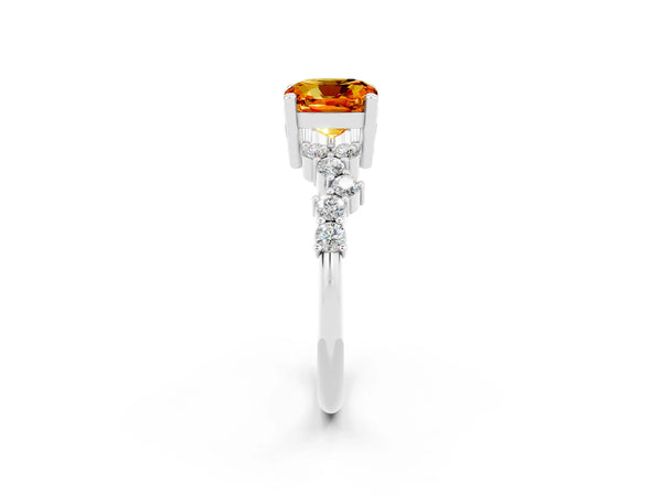 Platinum Cushion Cut Citrine Scattered Round Accent Ring with Prong Setting