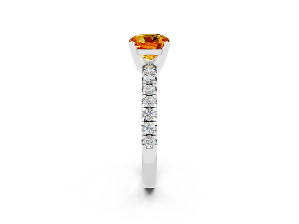 Platinum Cushion Cut Citrine Solitaire Pavé Engagement Ring with Round Band and Prong Setting