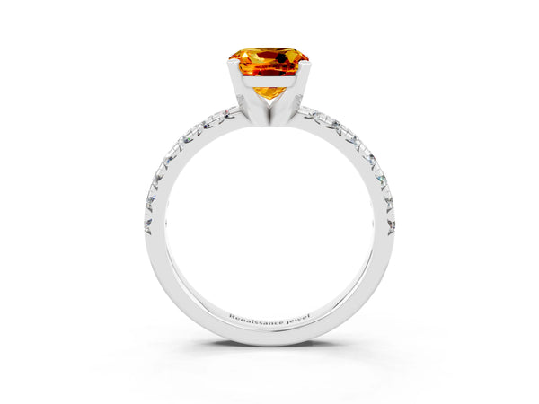 Platinum Cushion Cut Citrine Solitaire Pavé Engagement Ring with Round Band and Prong Setting