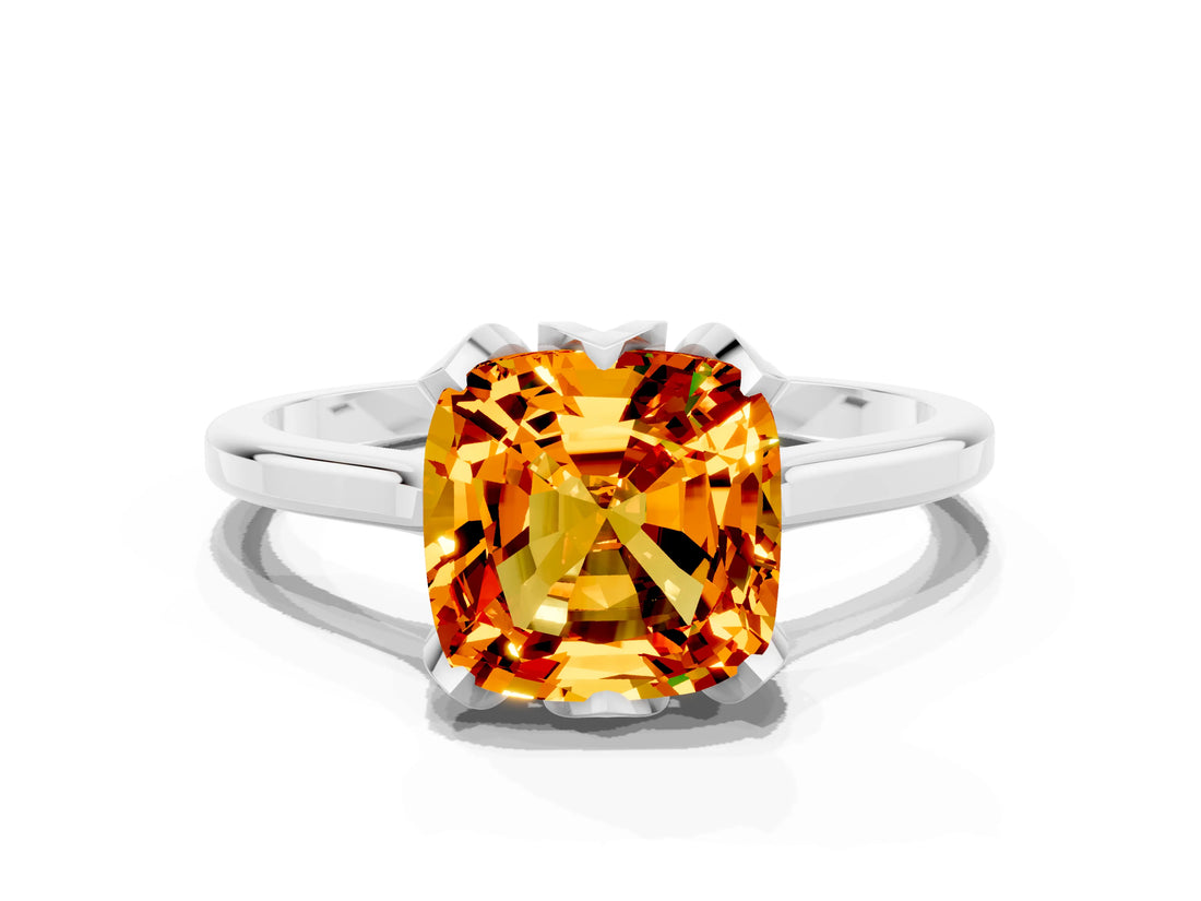 Platinum Cushion Cut Citrine Solitaire Ring with Flower Prong Setting and Classic Band