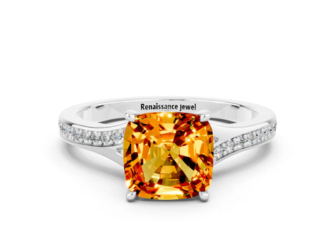 Platinum Cushion Cut Citrine Solitaire Ring with Pavé Band and Prong Setting_12