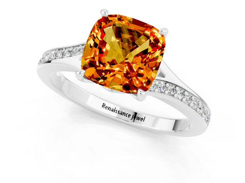 Platinum Cushion Cut Citrine Solitaire Ring with Pavé Band and Prong Setting_13