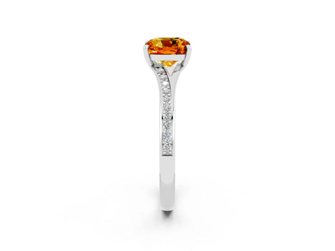 Platinum Cushion Cut Citrine Solitaire Ring with Pavé Band and Prong Setting_14