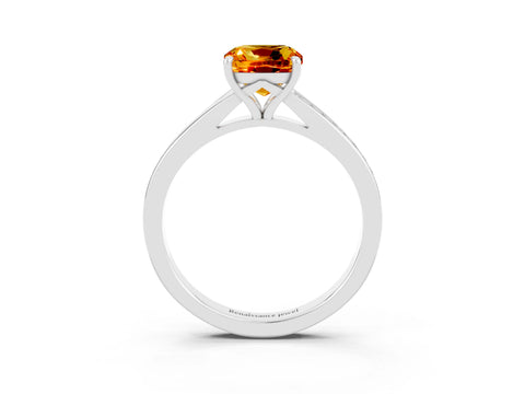 Platinum Cushion Cut Citrine Solitaire Ring with Pavé Band and Prong Setting_15